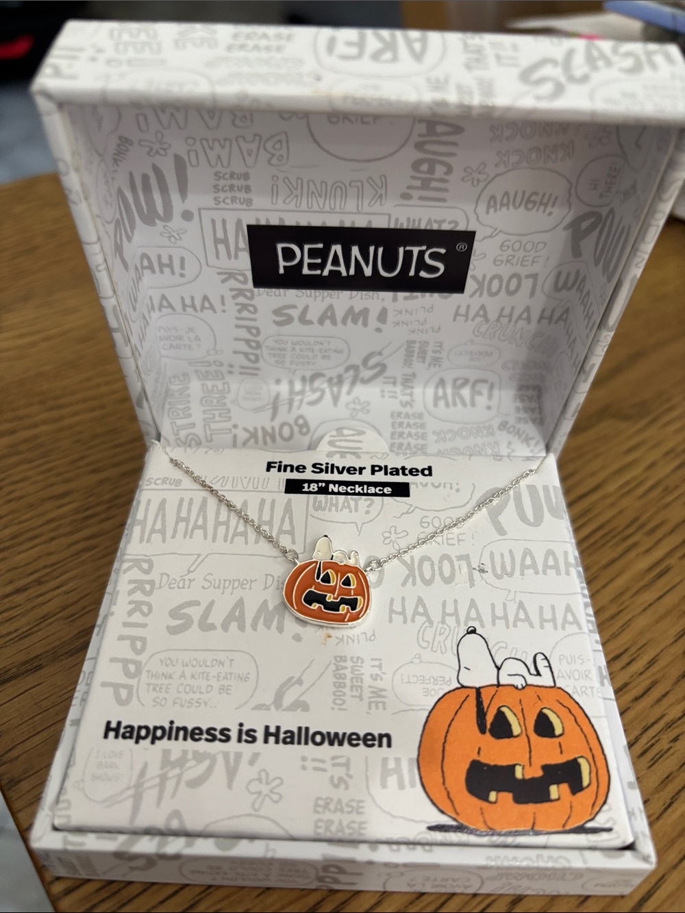 Peanuts  Orange Pumpkin Jack-O'-Lantern with Snoopy Necklace - Fine Silver Plate